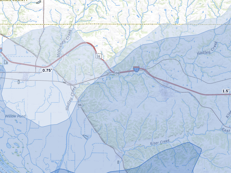 NEXRAD radar-signature map of the hail storm over Kinderhook, IL on Apr 27, 2026