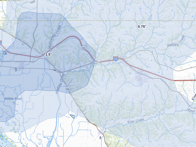 NEXRAD radar-signature map of the hail storm over Kinderhook, IL on May 14, 2026