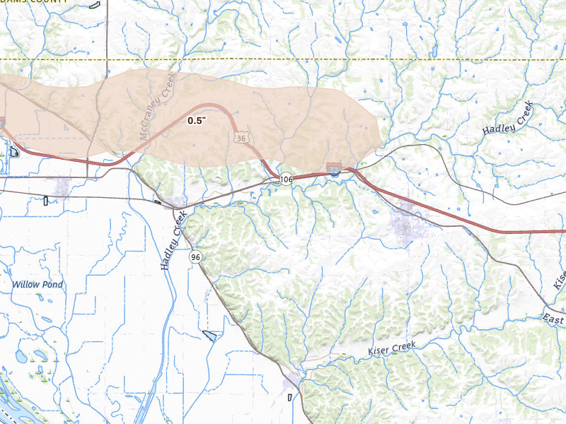 Radar-estimated hail-size map of the storm over Kinderhook, IL on Aug 16, 2026
