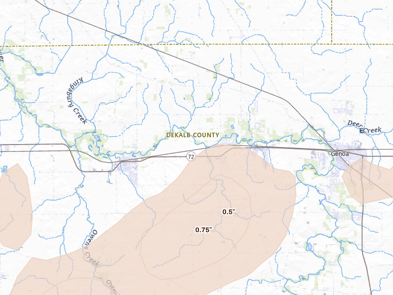 Radar-estimated hail-size map of the storm over Kingston, IL on Jul 3, 2026