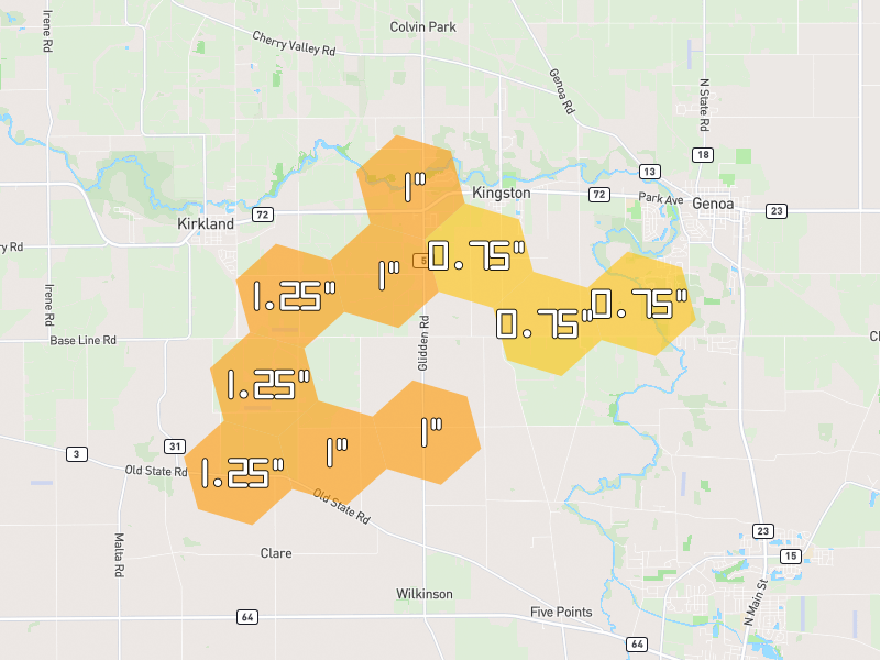 Hail map of Kingston, IL on Jul 4, 2026, hail up to 1.25"