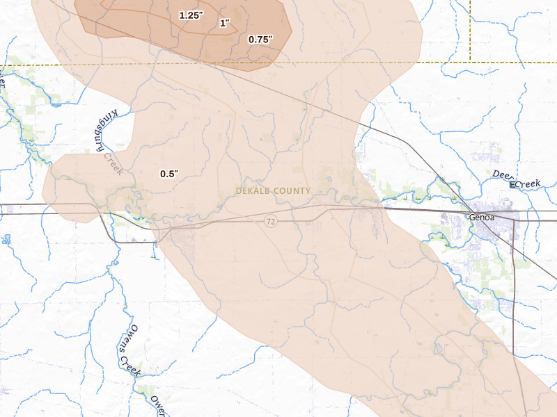 Radar-estimated hail-size map of the storm over Kingston, IL on Aug 21, 2026
