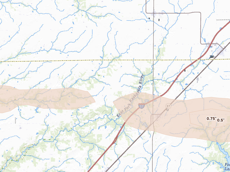 Radar-estimated hail-size map of the storm over Kinmundy, IL on Mar 22, 2026