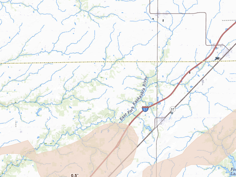 Radar-estimated hail-size map of the storm over Kinmundy, IL on Apr 27, 2026