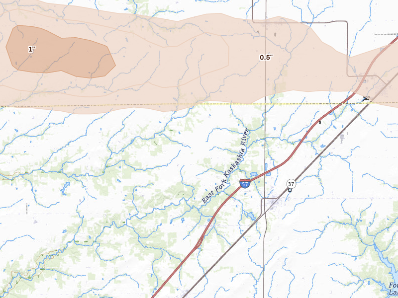 Radar-estimated hail-size map of the storm over Kinmundy, IL on May 4, 2026