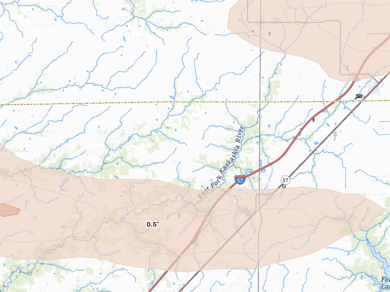 Radar-estimated hail-size map of the storm over Kinmundy, IL on May 16, 2026