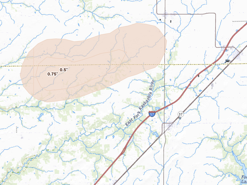 Radar-estimated hail-size map of the storm over Kinmundy, IL on Jul 3, 2026