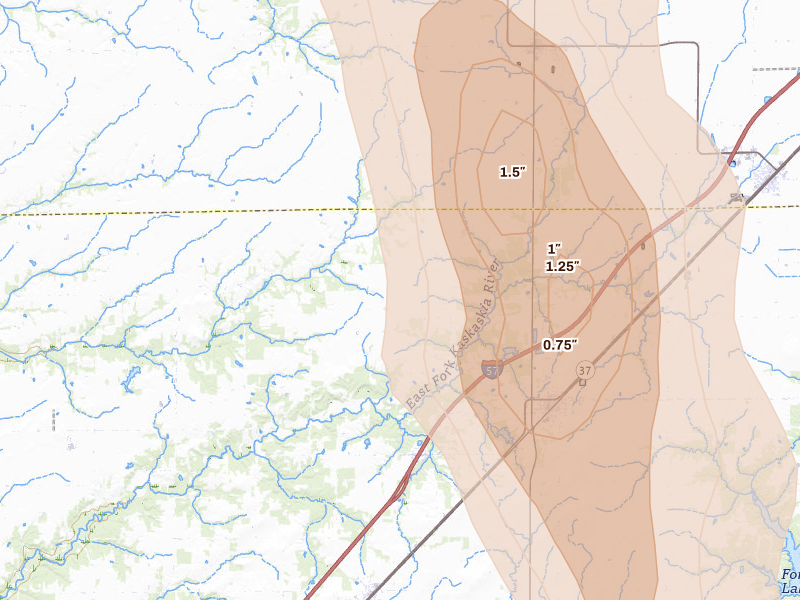 Radar-estimated hail-size map of the storm over Kinmundy, IL on Jul 26, 2026