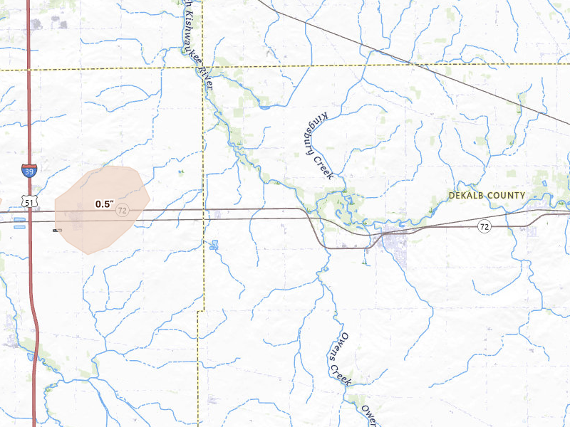 Radar-estimated hail-size map of the storm over Kirkland, IL on Mar 30, 2026