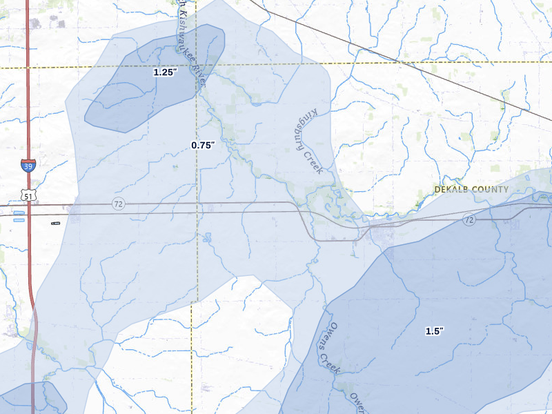 NEXRAD radar-signature map of the hail storm over Kirkland, IL on Jul 3, 2026