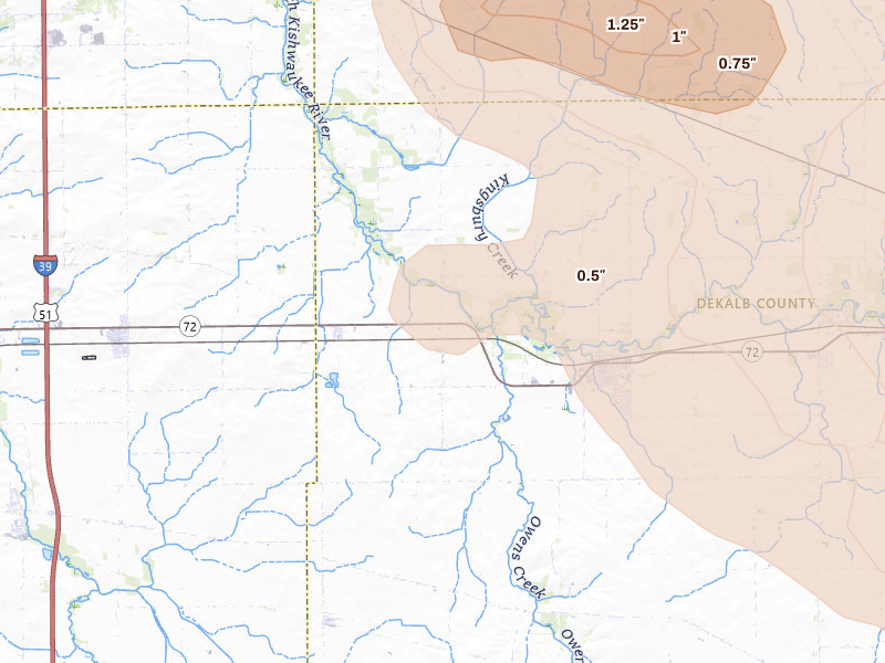 Radar-estimated hail-size map of the storm over Kirkland, IL on Aug 21, 2026