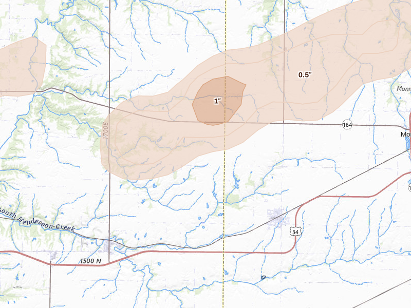 Radar-estimated hail-size map of the storm over Kirkwood, IL on Mar 31, 2026
