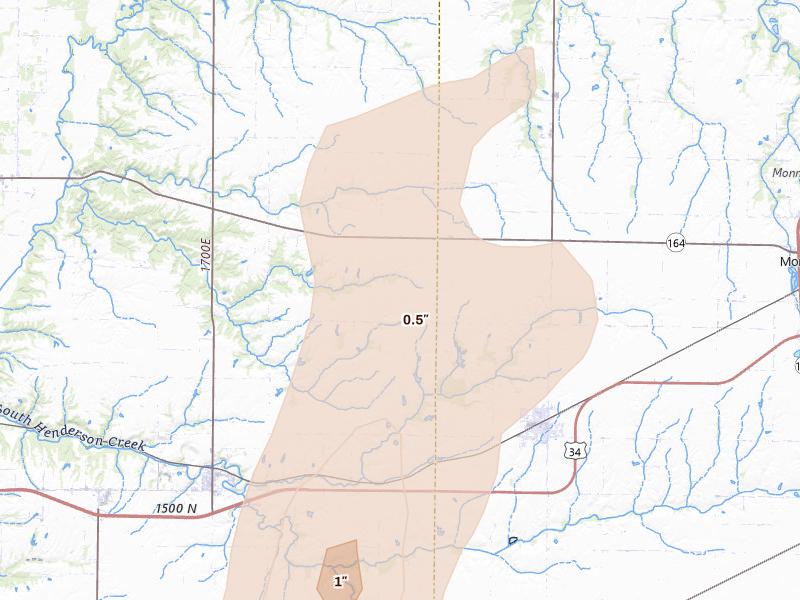 Radar-estimated hail-size map of the storm over Kirkwood, IL on Apr 17, 2026