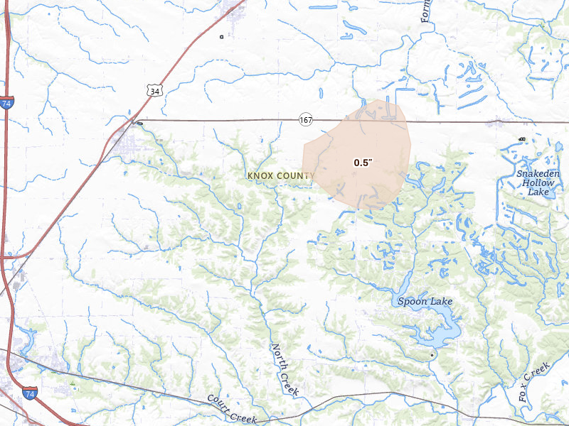 Radar-estimated hail-size map of the storm over Knoxville, IL on May 4, 2026