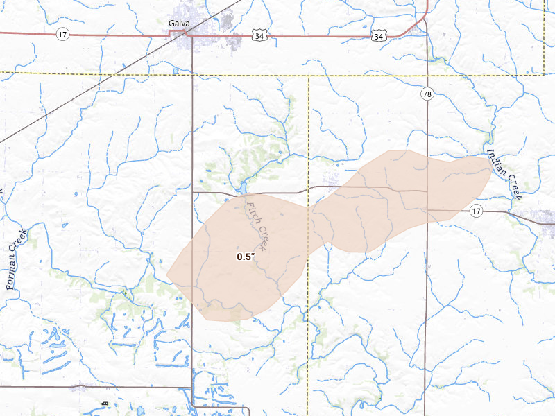 Radar-estimated hail-size map of the storm over La Fayette, IL on Apr 2, 2026