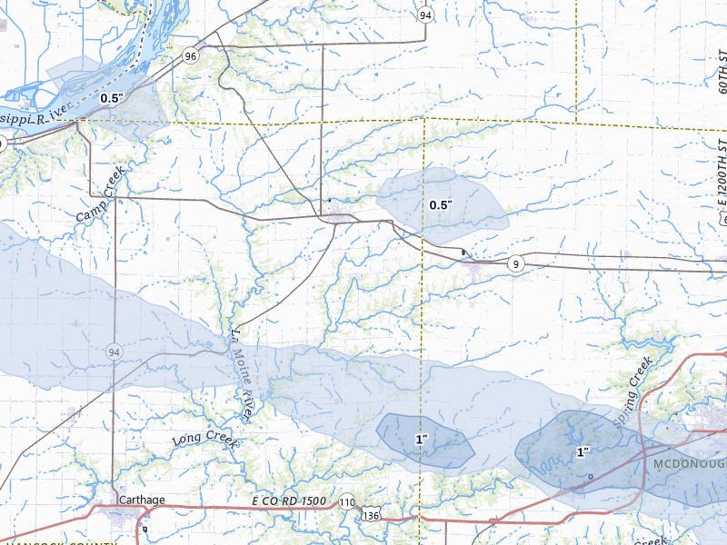 NEXRAD radar-signature map of the hail over La Harpe, IL