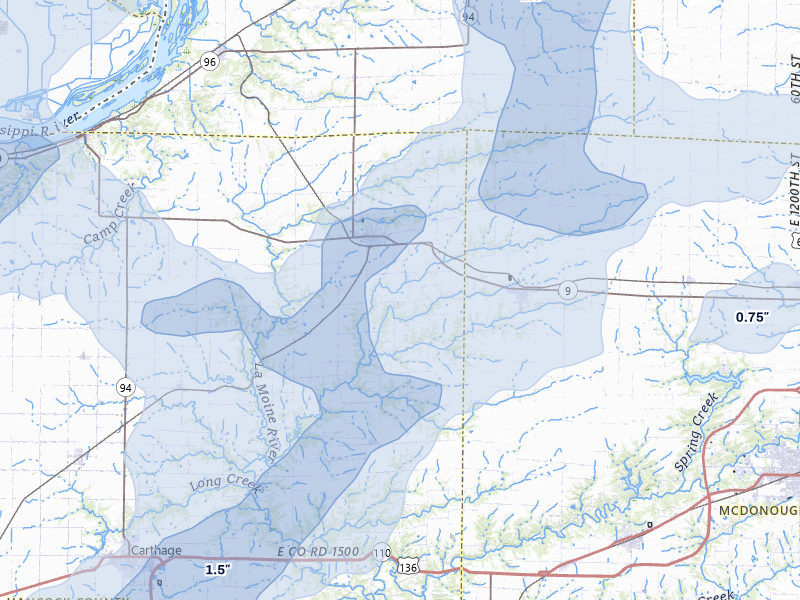 NEXRAD radar-signature map of the hail over La Harpe, IL