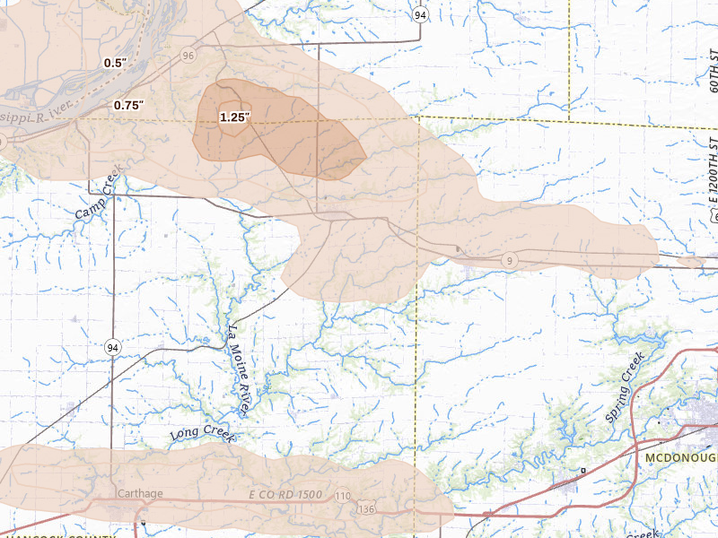 Radar-estimated hail-size map of the storm over La Harpe, IL on May 4, 2026