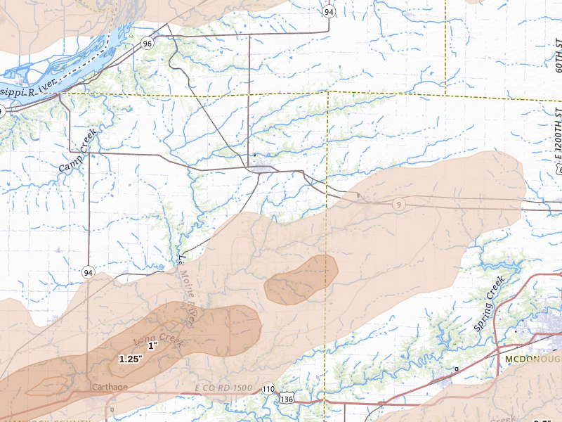 Radar-estimated hail-size map of the storm over La Harpe, IL on Jun 11, 2026