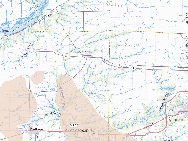 Radar-estimated hail-size map of the storm over La Harpe, IL on Jul 20, 2026