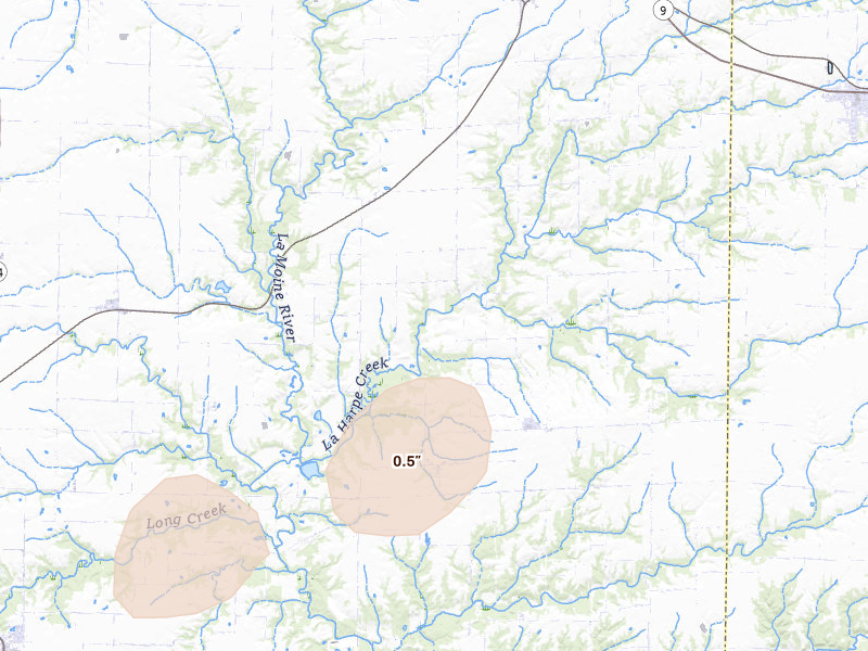 Radar-estimated hail-size map of the storm over La Harpe, IL on Aug 12, 2026