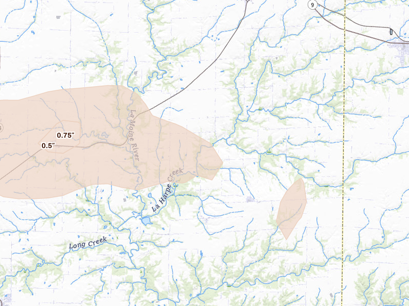Radar-estimated hail-size map of the storm over La Harpe, IL on Aug 14, 2026