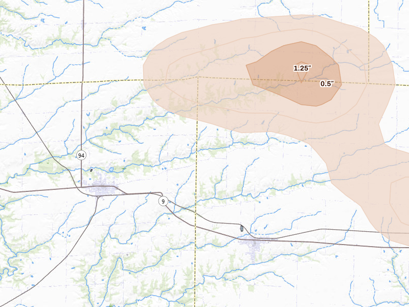 Radar-estimated hail-size map of the storm over La Harpe, IL on Aug 19, 2026