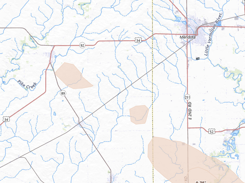 Radar-estimated hail-size map of the storm over La Moille, IL on Jun 24, 2026