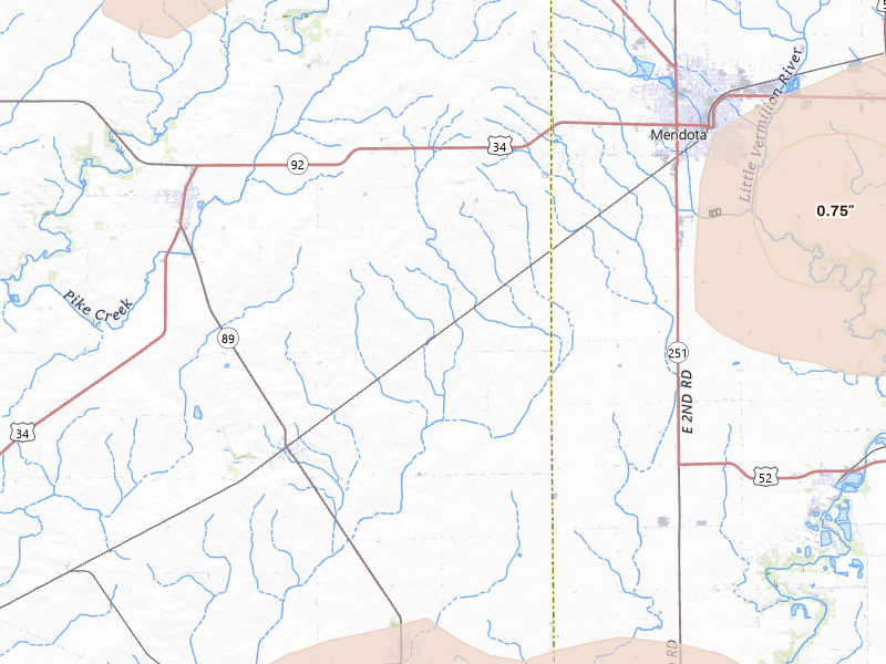 Radar-estimated hail-size map of the storm over La Moille, IL on Jul 4, 2026