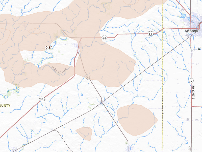 Radar-estimated hail-size map of the storm over La Moille, IL on Aug 11, 2026