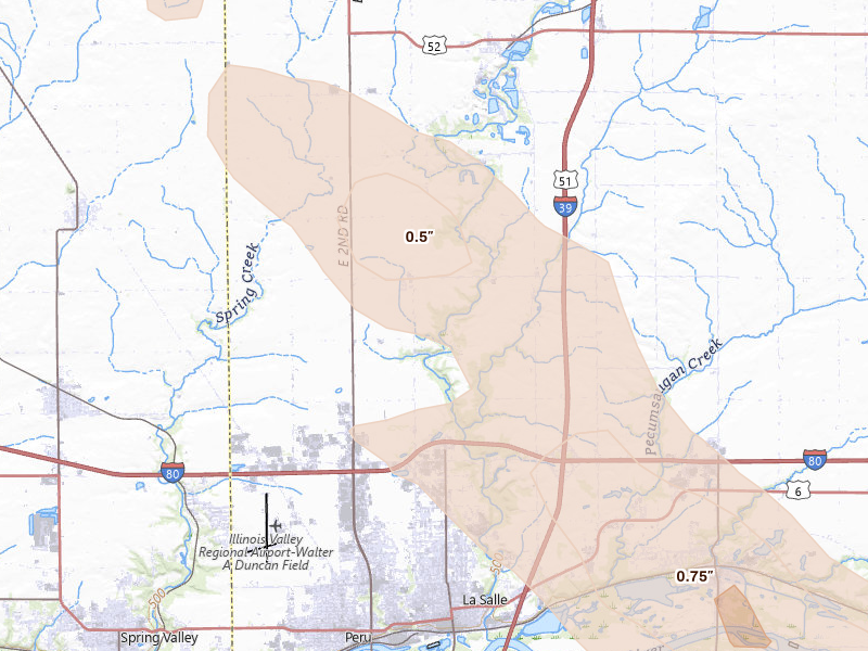Radar-estimated hail-size map of the storm over La Salle, IL on Jun 24, 2026