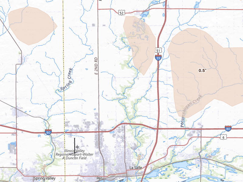 Radar-estimated hail-size map of the storm over La Salle, IL on Aug 11, 2026