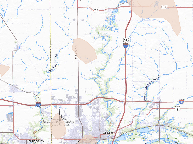 Radar-estimated hail-size map of the storm over La Salle, IL on Aug 21, 2026