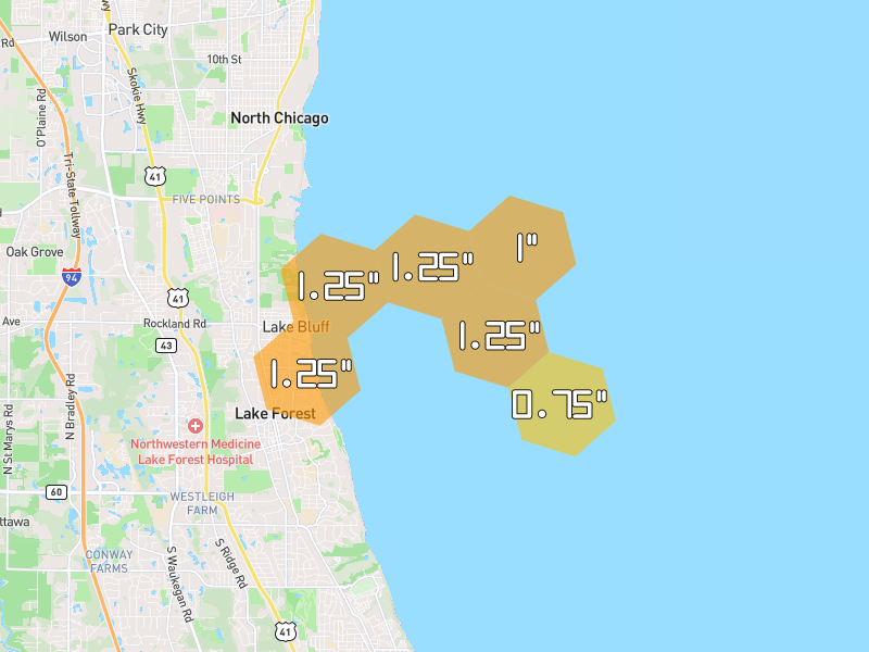 Hail map of Lake Bluff, IL on Jul 3, 2026, hail up to 1.25"