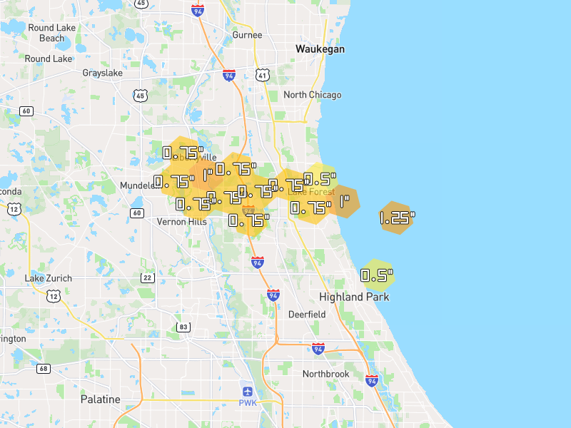 Hail map of Lake Forest, IL on Jun 6, 2026, hail up to 1.25"
