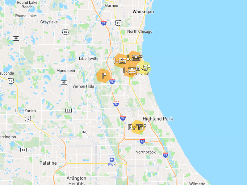 Hail map of Lake Forest, IL on Jul 3, 2026, hail up to 1.25"