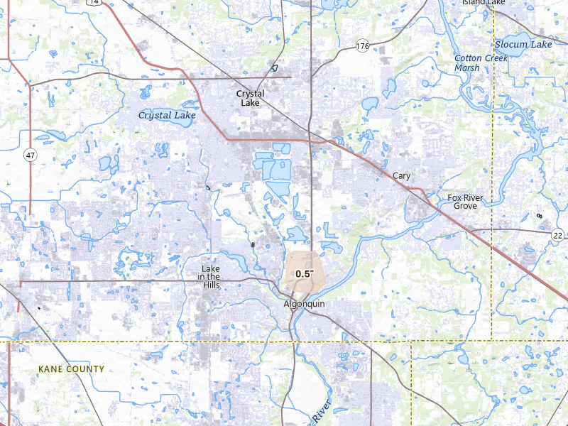 Radar-estimated hail-size map of the storm over Lake In The Hills, IL on Mar 30, 2026