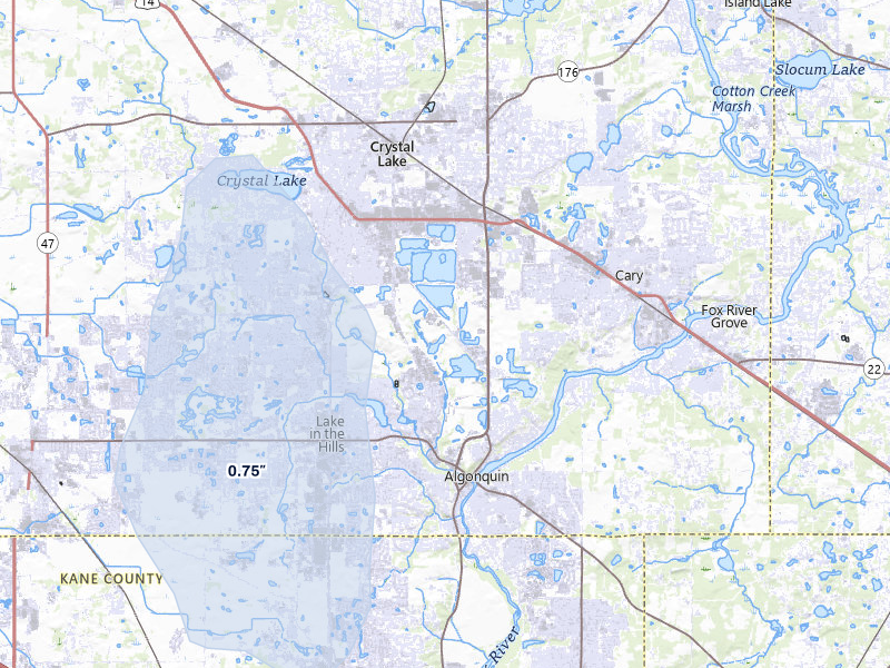 NEXRAD radar-signature map of the hail over Lake In The Hills, IL