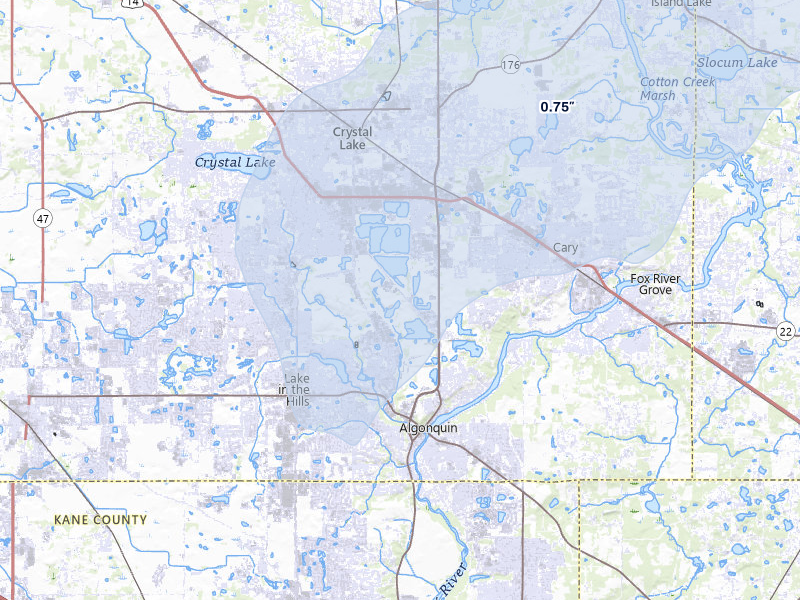 NEXRAD radar-signature map of the hail over Lake In The Hills, IL