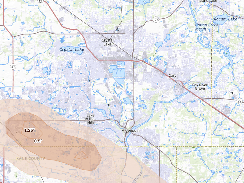 Radar-estimated hail-size map of the storm over Lake In The Hills, IL on Jun 24, 2026