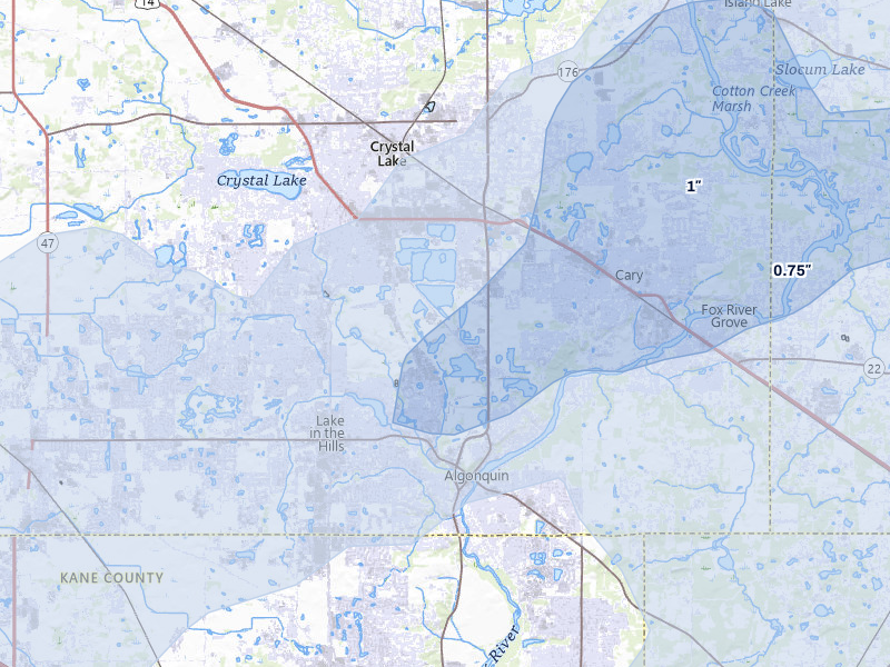 NEXRAD radar-signature map of the hail storm over Lake In The Hills, IL on Jul 3, 2026
