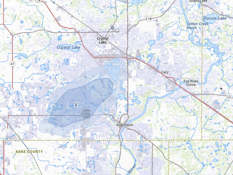 NEXRAD radar-signature map of the hail storm over Lake In The Hills, IL on Jul 9, 2026