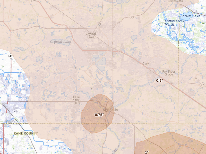 Radar-estimated hail-size map of the storm over Lake In The Hills, IL on Jul 27, 2026