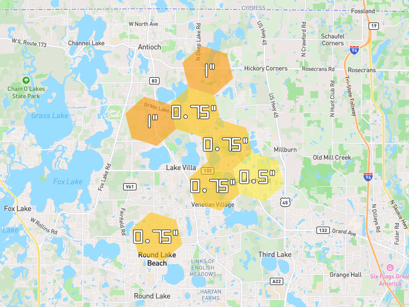 Hail map of Lake Villa, IL on Jul 3, 2026, hail up to 1"