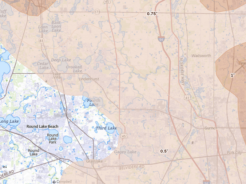 Radar-estimated hail-size map of the storm over Lake Villa, IL on Jul 27, 2026