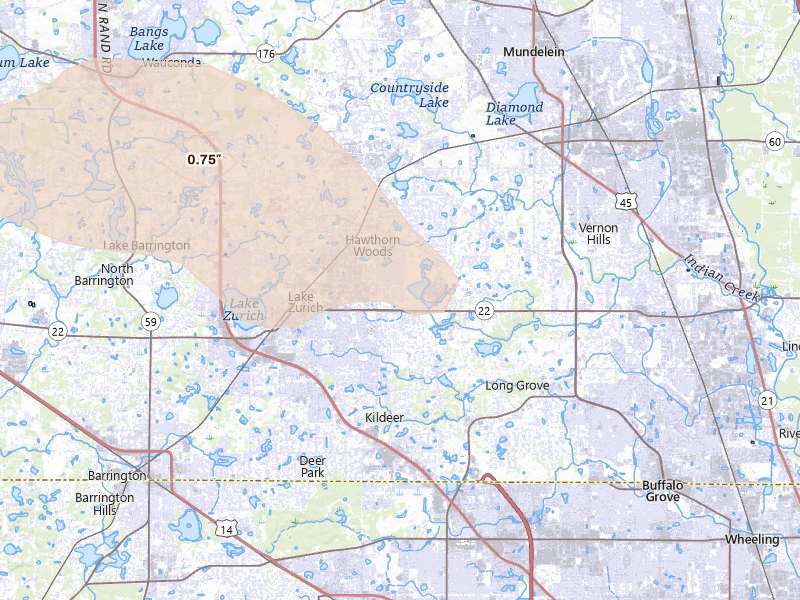 Radar-estimated hail-size map of the storm over Lake Zurich, IL on Jun 5, 2026