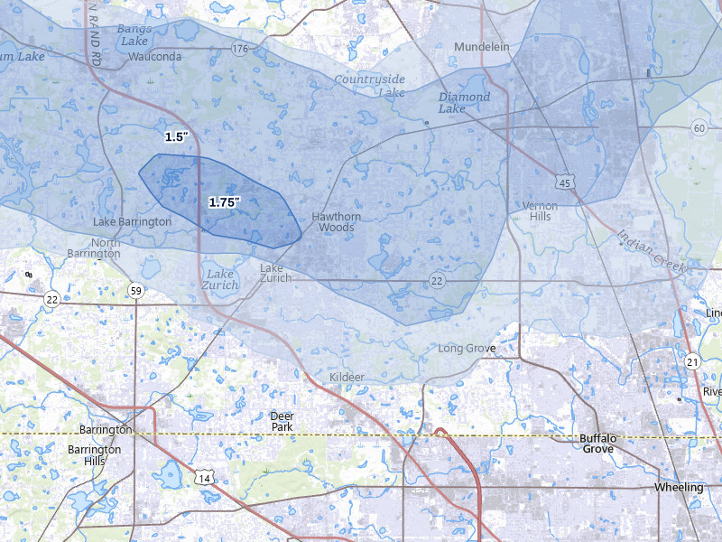 NEXRAD radar-signature map of the hail storm over Lake Zurich, IL on Jun 5, 2026