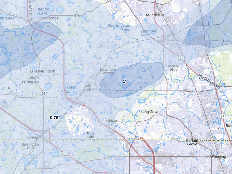 NEXRAD radar-signature map of the hail storm over Lake Zurich, IL on Jul 3, 2026