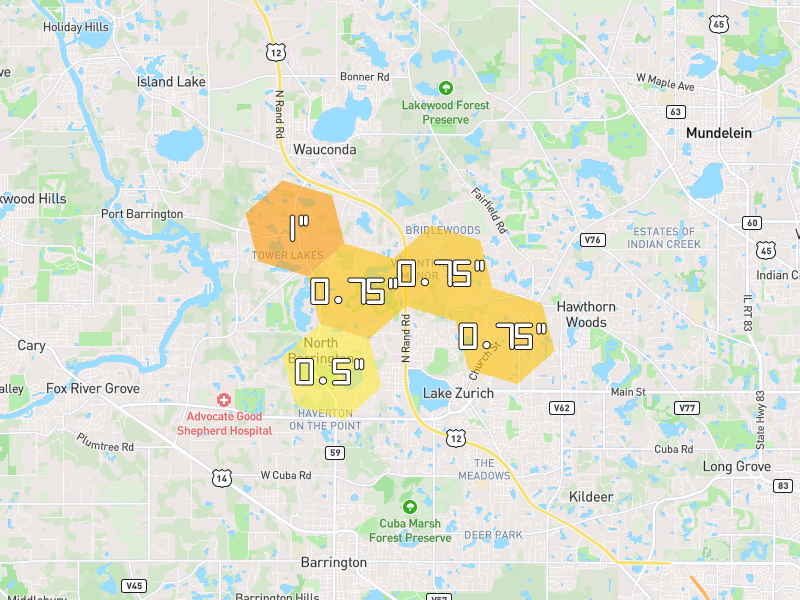 Hail map of Lake Zurich, IL on Jul 3, 2026, hail up to 1"