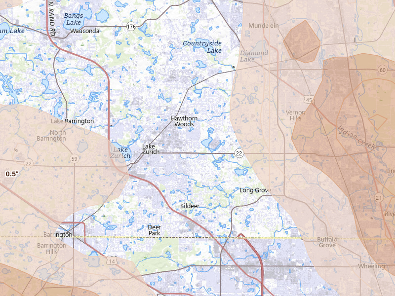 Radar-estimated hail-size map of the storm over Lake Zurich, IL on Jul 27, 2026